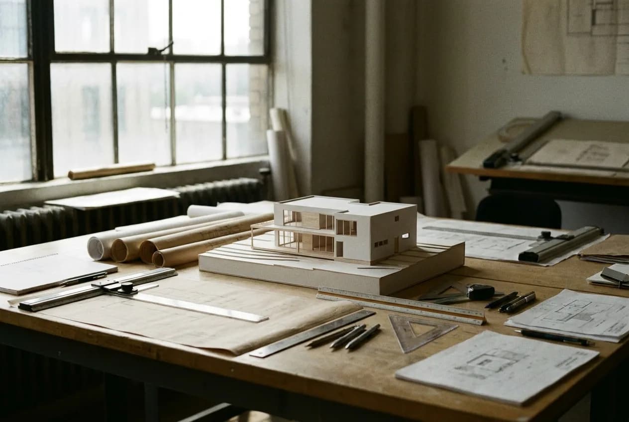 Maqueta de arquitectura sobre mesa de dibujo